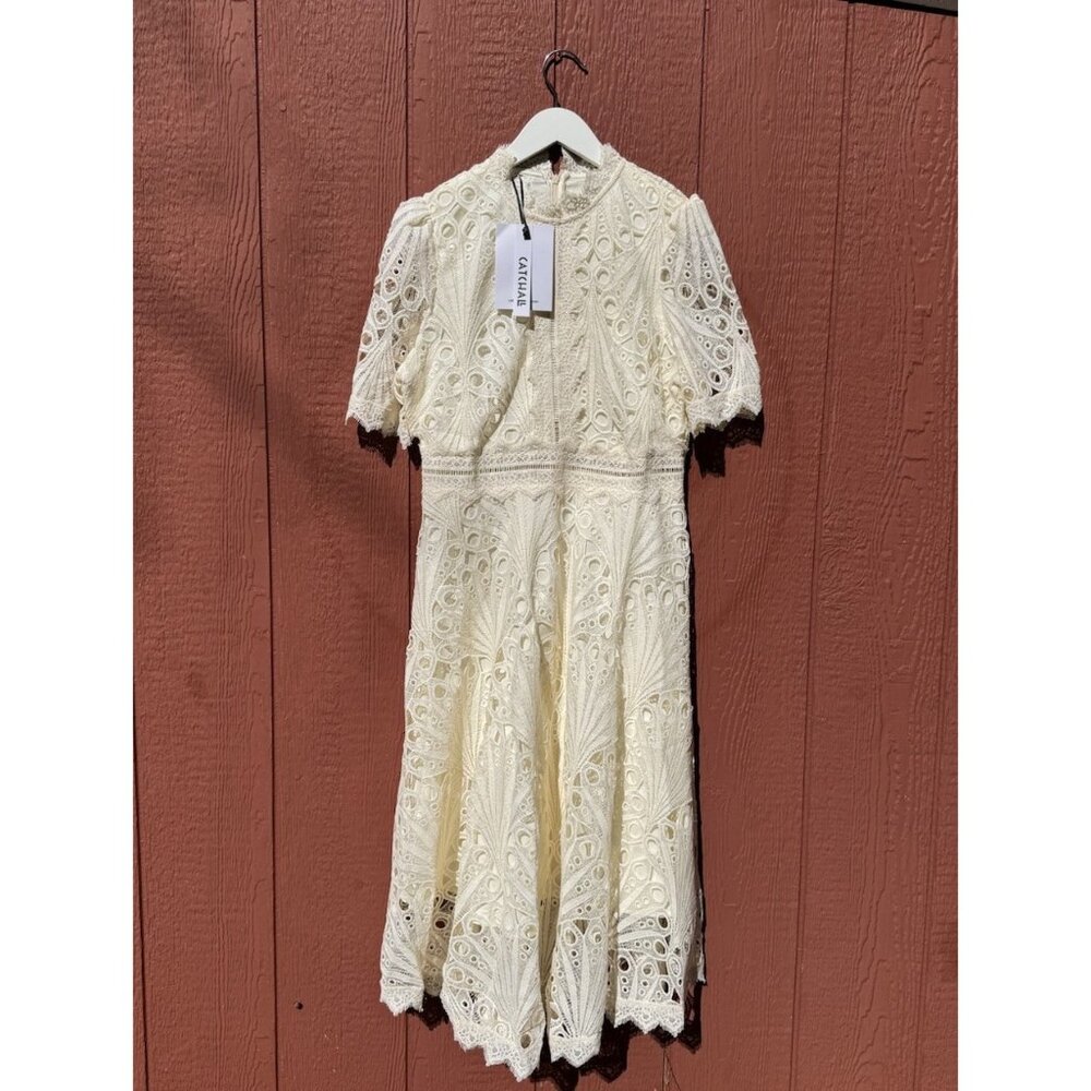 Catchall Women’s 3XL Ivory Lace Fit & Flare Midi Dress Short Sleeve High Neck